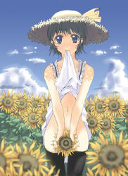 Rule 34 | 1girl, amaya yuu, black thighhighs, blurry, blush, clothes in mouth, clothes lift, covering privates, covering crotch, depth of field, dress, dress in mouth, dress lift, flower, hat, mouth hold, no panties, skirt, skirt lift, solo, staring, sunflower, thighhighs