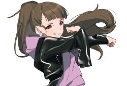 Rule 34 | 1girl, alternate hairstyle, black jacket, blunt bangs, blush, breasts, brown hair, clenched hands, crossed arms, dot nose, earrings, grin, hands up, hood, hood down, hoodie, idolmaster, idolmaster cinderella girls, idolmaster cinderella girls starlight stage, jacket, jewelry, kamiya nao, long hair, long sleeves, looking at viewer, medium breasts, open clothes, open jacket, pink hoodie, ponytail, red eyes, simple background, smile, solo, stretching, thick eyebrows, upper body, white background, wwwrkgk