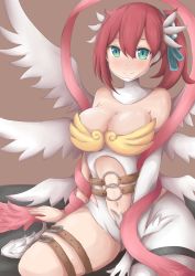 Rule 34 | 1girl, aiba ami, angel wings, angewomon, angewomon (cosplay), arm support, armor, asymmetrical clothes, asymmetrical hair, bare shoulders, belt, blush, breastplate, breasts, center opening, cleavage, closed mouth, cosplay, covered collarbone, dada (qq871qw871), digimon, digimon story: cyber sleuth, elbow gloves, feathered wings, gloves, goggles, goggles on head, green eyes, hair between eyes, hair ornament, head wings, hip vent, large breasts, leotard, long hair, looking at viewer, mask, midriff, multiple belts, multiple wings, navel, nose blush, red hair, revealing clothes, sash, side ponytail, single glove, single pantsleg, skin tight, smile, solo, strapless, strapless leotard, thigh strap, white footwear, white gloves, white leotard, white wings, wings