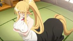 Rule 34 | 10s, 1girl, animated, animated gif, blonde hair, blue eyes, bouncing breasts, breasts, centaur, centorea shianus, covered erect nipples, huge breasts, long hair, monster girl, monster musume no iru nichijou, ponytail, screencap, solo, standing, taur