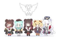 Rule 34 | &gt; o, 5girls, ;), ;d, ;p, animal ears, arknights, bear ears, black coat, black dress, black headwear, black jacket, black neckwear, black skirt, black socks, blonde hair, blue eyes, blue hair, blue neckwear, blush, boots, brown-framed eyewear, brown footwear, brown hair, brown jacket, brown skirt, candy hair ornament, candy wrapper, chibi, closed mouth, coat, collared dress, collared shirt, commentary, cross-laced footwear, dress, food-themed hair ornament, fur-trimmed boots, fur-trimmed coat, fur hat, fur trim, gummy (arknights), hair ornament, hairclip, hat, holding hands, istina (arknights), jacket, kneehighs, kurotofu, lace-up boots, leto (arknights), lineup, long hair, monocle, multicolored hair, multiple girls, neckerchief, necktie, one eye closed, open clothes, open coat, open jacket, open mouth, orange pantyhose, pantyhose, pleated skirt, purple hair, red eyes, red legwear, red neckwear, rosa (arknights), sailor collar, sailor dress, school uniform, serafuku, shadow, shirt, shoes, short eyebrows, skirt, smile, socks, standing, streaked hair, thick eyebrows, tongue, tongue out, two side up, very long hair, white background, white dress, white footwear, white hair, white legwear, white neckwear, white sailor collar, white shirt, zima (arknights)