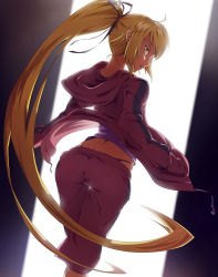 Rule 34 | 1girl, aged up, ahoge, ass, ass focus, back, bakemonogatari, black panties, black ribbon, blonde hair, bun150, butt crack, contrapposto, dutch angle, gradient background, hair ribbon, hands in pockets, hood, hoodie, jacket, kiss-shot acerola-orion heart-under-blade, long hair, looking at viewer, looking back, monogatari (series), naughty face, open clothes, open door, open jacket, open mouth, oshino shinobu, panties, pants, panty straps, pantylines, pointy ears, ponytail, purple jacket, purple pants, purple shirt, ribbon, seductive gaze, shirt, solo, striped, striped jacket, sweatpants, thigh gap, thong, track suit, underwear, very long hair, whale tail (clothing), yellow eyes
