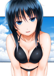 Rule 34 | 1girl, bare shoulders, bikini, black bikini, black hair, blue eyes, blush, breasts squeezed together, breasts, cleavage, collarbone, highres, leaning forward, long hair, looking at viewer, medium breasts, navel, open mouth, smile, solo, sumeragi tomo, swimsuit