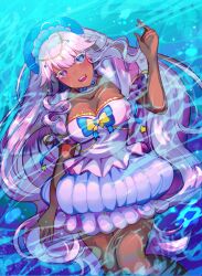 Rule 34 | 1girl, absurdres, afloat, blue eyes, breasts, cleavage, colored eyelashes, dark-skinned female, dark skin, dress, fangs, heart, heart-shaped pupils, heart background, hetero, highres, indie virtual youtuber, jellyfish, jellyfish girl, large breasts, louizamerachi, lullaby lolita, medium breasts, open mouth, partially submerged, pink eyes, pink hair, purple background, solo, source request, sweat, symbol-shaped pupils, teeth, water