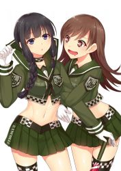 Rule 34 | 10s, 2girls, adapted costume, arm hug, bad id, bad twitter id, black hair, blue eyes, braid, brown eyes, brown hair, cowboy shot, crop top, drooling, gloves, heart, heart-shaped pupils, horosuke, kantai collection, kitakami (kancolle), long hair, looking at viewer, midriff, multiple girls, navel, ooi (kancolle), race queen, shiny skin, simple background, single thighhigh, skirt, symbol-shaped pupils, thighhighs, white background, white gloves, yuri