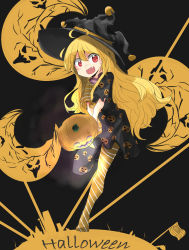 Rule 34 | &gt;:d, 1girl, :d, ahoge, alternate color, asymmetrical legwear, black background, black pantyhose, blonde hair, clownpiece, crescent moon, dress, fang, full body, hair between eyes, halloween, halloween costume, hat, highres, jack-o&#039;-lantern, jester cap, long hair, looking at viewer, mismatched legwear, moon, open mouth, pantyhose, pumpkin, red eyes, short sleeves, smile, solo, standing, standing on one leg, striped clothes, striped pantyhose, tareme, touhou, usagi (touhopu2), v-shaped eyebrows, witch hat, yellow pantyhose