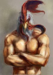 Rule 34 | 1boy, beak, bird, chicken, crossed arms, jittsu, looking at viewer, male focus, manly, muscular, original, realistic, rooster, solo, topless male, upper body, yellow eyes