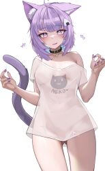 Rule 34 | 1girl, @ @, absurdres, animal ear fluff, animal ears, ass, bare shoulders, blush, breasts, breasts apart, cat ears, cat girl, collar, collarbone, fingernails, food, gluteal fold, hair ornament, hands up, heart, highres, hololive, hypnosis, kkato, looking at viewer, medium breasts, mind control, nail polish, naked shirt, navel, nekomata okayu, off-shoulder shirt, off shoulder, onigiri, open mouth, purple eyes, purple hair, purple nails, see-through, see-through shirt, see-through silhouette, shirt, simple background, solo, symbol-shaped pupils, thighs, virtual youtuber