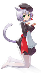 Rule 34 | 1girl, :d, animal ears, blunt bangs, braid, cat ears, cat tail, commentary request, from side, genshin impact, green eyes, hair ornament, hat, kemonomimi mode, kneeling, long sleeves, looking at viewer, looking to the side, noelle (genshin impact), noelle (kfc) (genshin impact), open mouth, pantyhose, paw pose, sakutaishi, short hair, sidelocks, silver hair, simple background, single braid, smile, solo, tail, white background, white pantyhose