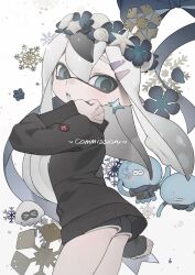 Rule 34 | &gt; &lt;, 1girl, 2others, ass, black shorts, black sweater, blue bow, blue eyes, bow, clenched hand, commentary request, commission, earrings, gomi20021021, grey hair, hair ornament, hairclip, head wreath, highres, inkling, inkling girl, inkling player character, jellyfish (splatoon), jewelry, long hair, multiple others, nintendo, open mouth, pointy ears, short shorts, shorts, snowflakes, splatoon (series), splatoon 3, squid, star (symbol), star earrings, sweater, tentacle hair, watermark, white background
