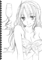 Rule 34 | 1boy, 1girl, alcohol, arm support, atago (kancolle), bikini, bikini top only, blush, breasts, champagne glass, cleavage, collarbone, drink, hairband, holding, kantai collection, large breasts, leaf print, long hair, looking at viewer, lying, monochrome, ozaki mirai, print bikini, sketch, smile, swimsuit, wine