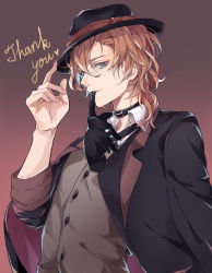 1boy, black collar, black gloves, black headwear, black jacket, black neckwear, blue eyes, buckle, bungou stray dogs, buttons, collar, collared shirt, commentary request, cross tie, cursive, english text, glove in mouth, gloves, gloves removed, gradient, gradient background, hair between eyes, hand on headwear, hand up, hat, heart, highres, jacket, jacket on shoulders, lapel, looking to the side, male focus, matoriyoshika24, medium hair, mouth hold, nakahara chuuya, orange hair, shirt, solo, suit jacket, thank you, upper body, waistcoat, wavy hair, white shirt