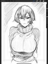 1girl, black beat, blush, copyright request, crossed arms, hair between eyes, highres, looking at viewer, monochrome, short hair, sketch, sweat, sweater, turtleneck, turtleneck sweater, upper body