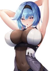Rule 34 | 1girl, armpits, arms up, bad id, bad pixiv id, black hairband, black headband, blue hair, blush, bodystocking, breasts, covered erect nipples, eula (genshin impact), genshin impact, hairband, headband, highres, large breasts, leotard, looking at viewer, medium hair, multicolored eyes, navel, nipples, open mouth, san zhi chun, simple background, solo, underboob, white background