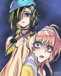 2girls bare_shoulders black_hair blue_eyes blush braid breasts choker commentary empty_eyes english_commentary eyebrow_piercing fragile_(nikke) goddess_of_victory:_nikke helmet hoshiberuu liveryn_(nikke) long_hair multicolored_hair multiple_girls open_mouth piercing pink_hair purple_lips two-tone_hair visor_cap