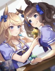 Rule 34 | 2girls, absurdres, animal ears, blonde hair, blue bow, blue eyes, blush, bow, brown hair, chan hone pkpk, commission, ear bow, fingernails, food, gold city (umamusume), highres, holding, holding food, holding spoon, horse ears, horse girl, ice cream, long hair, multiple girls, nail polish, puffy short sleeves, puffy sleeves, school uniform, short sleeves, skeb commission, spoon, tongue, tongue out, tosen jordan (umamusume), tracen school uniform, umamusume