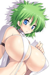Rule 34 | 1girl, armlet, blue eyes, blush, breasts, choker, cleavage, covered erect nipples, curvy, from below, green hair, huge breasts, messy hair, nagase haruhito, open mouth, original, short hair, simple background, slingshot swimsuit, solo, swimsuit