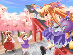 Rule 34 | 3girls, blonde hair, blue eyes, blush, bow, brown eyes, brown hair, chain, cherry blossoms, detached sleeves, fang, female focus, from above, gourd, hair bow, hair ornament, hair ribbon, hakurei reimu, hands on own hips, hat, highres, horn ornament, horn ribbon, horns, ibuki suika, japanese clothes, long hair, marionette (excle), miko, mini person, minigirl, moriya suwako, multiple girls, open mouth, orange hair, outstretched arm, outstretched arms, plant, red eyes, ribbon, shoes, sitting, sleeves past wrists, smile, socks, spread arms, sweatdrop, thighhighs, torii, touhou, tree, white thighhighs, zettai ryouiki