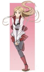 Rule 34 | 1girl, absurdres, asuna (sao), border, braid, brown eyes, brown hair, closed mouth, collarbone, daichi777zz, floating hair, french braid, full body, grey pantyhose, grey shirt, highres, holding, holding sword, holding weapon, long hair, long sleeves, miniskirt, pantyhose, pink background, pleated skirt, red footwear, red skirt, shirt, skirt, solo, sword, sword art online, sword art online progressive, very long hair, weapon, white border