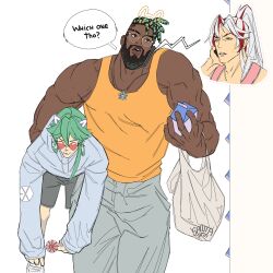 Rule 34 | 3boys, absurdres, bag, bara, beard, bespectacled, black hair, calling, carrying, carrying person, carrying under arm, dark-skinned male, dark skin, drawn ears, dreadlocks, earrings, english text, ezreal, facial hair, feet out of frame, glasses, heartsteel ezreal, heartsteel k&#039;sante, heartsteel yone, highres, holding too many things, jewelry, k&#039;sante (league of legends), large pectorals, league of legends, long hair, male focus, mature male, multiple boys, muscular, muscular male, official alternate costume, orange tank top, pants, pectorals, phone, plastic bag, round eyewear, santa jima, shopping, short hair, size difference, tank top, thick eyebrows, two-tone beard, very dark skin, yone (league of legends)
