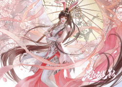 Rule 34 | 1girl, absurdly long hair, absurdres, animal ears, brown hair, cherry blossoms, collar, douluo dalu, dress, falling petals, from below, hair ornament, highres, holding, holding umbrella, long hair, looking at viewer, metal collar, petals, pink dress, ponytail, qiao zhong xie, rabbit ears, second-party source, solo, streamers, teeth, thighhighs, umbrella, upper body, very long hair, xiao wu (douluo dalu)