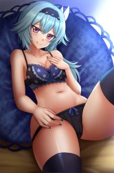 Rule 34 | 1girl, :q, bare arms, bare shoulders, black panties, black thighhighs, blue bra, blue hair, blue nails, blush, bow, bow panties, bra, breasts, cleavage, closed mouth, collarbone, eula (genshin impact), genshin impact, groin, hair between eyes, head tilt, highres, kazenokaze, knee up, lace, lace-trimmed bra, lace trim, long hair, looking at viewer, medium breasts, nail polish, navel, panties, pillow, purple eyes, resolution mismatch, smile, solo, source larger, thighhighs, tongue, tongue out, underwear, underwear only