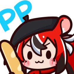Rule 34 | 1girl, :3, animal ears, baguette, beret, black hair, black hat, blush, blush stickers, bread, chibi, chroneco, commentary, english commentary, english text, food, france, hakos baelz, hat, holding, holding food, hololive, hololive english, mouse ears, mouse girl, multicolored hair, official art, portrait, red hair, solid oval eyes, solo, streaked hair, transparent background, virtual youtuber, white hair