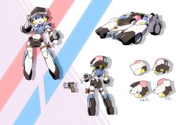Rule 34 | 1girl, bingshan, blue eyes, car, gun, highres, holding, holding gun, holding weapon, looking at viewer, magic henshin, motor vehicle, multiple views, official art, open mouth, police, police car, robot, weapon