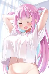 Rule 34 | 1girl, ahoge, aqua hair, arms behind head, arms up, blunt bangs, bottomless, braid, breasts, closed eyes, cocozasa, colored inner hair, curtains, dot nose, groin, hair tie, highres, hololive, large breasts, lips, long hair, minato aqua, morning, multicolored hair, navel, official alternate hairstyle, open mouth, pink hair, raised eyebrow, see-through silhouette, shirt, shirt overhang, short sleeves, solo, stomach, streaked hair, tearing up, two-tone hair, two side up, virtual youtuber, white shirt, yawning