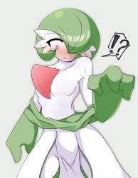 Rule 34 | !?, 1girl, blush, bob cut, breast conscious, breasts, clothes pull, collarbone, colored skin, constricted pupils, cowboy shot, creatures (company), embarrassed, female focus, game freak, gardevoir, gen 3 pokemon, green hair, green shirt, grey background, hair over one eye, hand up, highres, ikuzonomiki12, long sleeves, looking down, navel, nintendo, no nipples, nose blush, one eye covered, open mouth, pelvic curtain, pokemon, pokemon (creature), red eyes, shirt, shirt pull, short hair, simple background, skirt, small breasts, solo, speech bubble, spoken interrobang, standing, surprised, sweat, white skin, white skirt