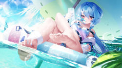Rule 34 | 1girl, absurdres, ball, beach umbrella, beachball, bikini, blue hair, blue nails, blurry, blurry foreground, blush, braid, breasts, bubble, character request, commentary request, copyright request, cup, drinking glass, drinking straw, dripping, dutch angle, fantongjun, feet, foot focus, foreshortening, grey bikini, hair between eyes, hair ornament, hairclip, hand up, head tilt, highres, holding, innertube, knees together feet apart, legs, lens flare, long hair, looking at viewer, medium breasts, mouth hold, nail polish, ocean, off shoulder, purple eyes, sidelocks, soles, solo, swim ring, swimsuit, thighs, toenail polish, toenails, toes, umbrella, wet