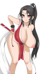 Rule 34 | 1girl, asanagi (style), breasts, brown hair, hanging breasts, highres, huge breasts, kim wang jang, leaning forward, nipples, one breast out, pelvic curtain, shiranui mai, simple background, solo, standing, wardrobe malfunction, white background