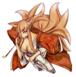 Rule 34 | 1girl, animal ears, breasts, brown hair, cleavage, fang, foreshortening, fox, fox ears, fox tail, from above, japanese clothes, katana, kimono, kiseru, large breasts, multiple tails, original, ponytail, red eyes, red hair, sandals, shindol, simple background, smile, smoking pipe, solo, sword, tail, weapon, white background