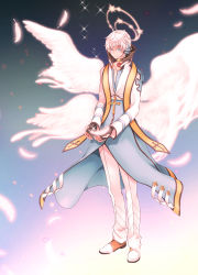 Rule 34 | 1boy, absurdres, arch bishop (ragnarok online), black gloves, blue coat, blue eyes, brown footwear, choker, closed mouth, coat, commentary request, cropped jacket, cross, cross necklace, double halo, feathered wings, feathers, fingerless gloves, full body, gloves, halo, highres, jacket, jewelry, long sleeves, looking at viewer, male focus, multiple halos, necklace, omanjuu (tamppcn), pants, ragnarok online, shoes, short hair, smile, solo, standing, two-tone footwear, white footwear, white hair, white jacket, white pants, white wings, wings