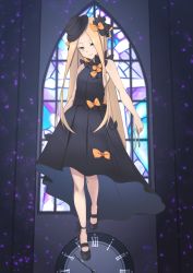 Rule 34 | 1girl, abigail williams (fate), ankle ribbon, armpits, bad id, bad pixiv id, bare arms, bare shoulders, black bow, black dress, black footwear, black hat, black ribbon, blonde hair, blue eyes, blush, bow, clock, closed mouth, commentary request, dress, fate/grand order, fate (series), hair bow, hat, head tilt, highres, holding, holding key, jilu, key, leg ribbon, long hair, mary janes, orange bow, parted bangs, polka dot, polka dot bow, ribbon, roman numeral, shoes, sleeveless, sleeveless dress, smile, solo, stained glass, very long hair, window