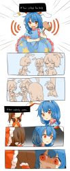 Rule 34 | 6+girls, :d, animal ears, ascot, bad id, bad twitter id, blue dress, bow, brown hair, rabbit ears, comic, crescent, detached sleeves, dress, earclip, eating, english text, closed eyes, frilled dress, frills, hair tubes, hakurei reimu, highres, kine, mallet, misha (hoongju), multiple girls, necktie, nervous smile, open mouth, parody, red eyes, scared, seiran (touhou), smile, spoilers, star (symbol), sweat, touhou, turn pale, undertale