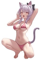 Rule 34 | 1girl, absurdres, animal ears, armpits, bikini, black bow, bow, breasts, cat ears, cat girl, cat tail, fanteam, fellatio gesture, full body, hair bow, highres, looking at viewer, medium breasts, medium hair, navel, open mouth, original, pink eyes, red bikini, simple background, solo, squatting, swimsuit, tail, teeth, thighs, tongue, tongue out, upper teeth only, white background
