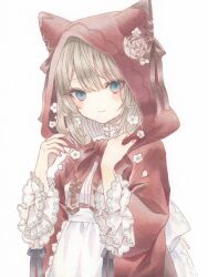 Rule 34 | 1girl, animal hood, apron, blue eyes, dress, flower, highres, hood, hood up, hooded dress, light brown hair, light smile, little red riding hood, little red riding hood (grimm), long sleeves, looking at viewer, marker (medium), paruno, red dress, simple background, solo, traditional media, white apron, white background, white flower