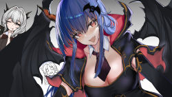 Rule 34 | 3girls, :d, :p, ;p, alternate costume, arknights, bat hair ornament, black capelet, black dress, black gloves, black neckwear, black wings, blue hair, breasts, capelet, ch&#039;en (arknights), cleavage, detached collar, dragon girl, dragon horns, dragon tail, dress, elbow gloves, fang, finger to mouth, gloves, grey eyes, hair ornament, halloween, halloween costume, happy, highres, horns, long hair, looking at viewer, medium breasts, medium hair, multiple girls, necktie, one eye closed, open mouth, red eyes, siblings, silver hair, sisters, smile, srpzk, swire (arknights), tail, talulah (arknights), tongue, tongue out, upper body, very long hair, wings