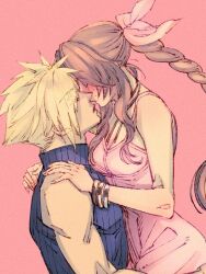 Rule 34 | 1boy, 1girl, aerith gainsborough, bangle, bare shoulders, blonde hair, blue shirt, blush, bracelet, braid, braided ponytail, breasts, brown hair, choker, cleavage, closed eyes, cloud strife, dress, final fantasy, final fantasy vii, final fantasy vii remake, green eyes, hair ribbon, hand on another&#039;s shoulder, hetero, imminent kiss, jewelry, long hair, medium breasts, parted bangs, parted lips, pink background, pink dress, pink ribbon, ribbon, shirt, short hair, sidelocks, sleeveless, sleeveless dress, sleeveless turtleneck, spiked hair, sweatdrop, turtleneck, upper body, wakakusa-e, wavy hair, wide-eyed