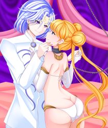 Rule 34 | 1boy, 1girl, ass, back, bed, bishoujo senshi sailor moon, blonde hair, blue eyes, butt crack, corruption, dancing, earrings, empty eyes, gloves, grabbing another&#039;s chin, highres, holding hands, hypnosis, jewelry, leash, lingerie, long hair, mind control, open mouth, panties, prince demande, purple eyes, sailor moon, shakiechan, short hair, smile, thighhighs, thighs, tsukino usagi, twintails, underwear, very long hair, white gloves, white hair, white panties