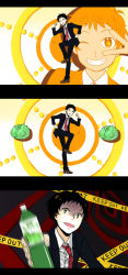 Rule 34 | 1boy, adachi tooru, atlus, black hair, bottle, business suit, cabbage, caution tape, close-up, crazy eyes, dancing, food, formal, grin, happy, highres, keep out, male focus, motion blur, necktie, one eye closed, parody, persona, persona 4, poppippoo (vocaloid), shoes, short hair, smile, solo, spoilers, suit, sunday31, v, vegetable juice, vocaloid, wink, yellow eyes