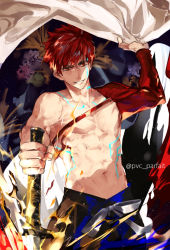 Rule 34 | 1boy, abs, cape, commentary, craft essence (fate), emiya shirou, fate/grand order, fate/stay night, fate (series), grin, holding, holding sword, holding weapon, igote, japanese clothes, katana, limited/zero over, magic circuit, male focus, navel, pvc parfait, red eyes, red hair, senji muramasa (fate), topless male, short hair, single bare shoulder, smile, sword, twitter username, weapon, yellow eyes