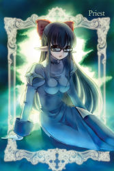 Rule 34 | 1girl, arm support, bad id, bad pixiv id, black eyes, black hair, black thighhighs, bow, breasts, dress, glasses, gloves, hair bow, highres, impossible clothes, long hair, looking at viewer, norapeko, pointy ears, priest (ragnarok online), ragnarok online, solo, soraku, thighhighs