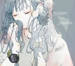 Rule 34 | 1girl, artist name, blush, closed eyes, copyright name, covering own mouth, dated, earrings, flower, grey flower, grey shirt, hair behind ear, hair flower, hair ornament, hands up, highres, jewelry, nordgreen, original, shirt, signature, solo, toaruocha, watch, wristwatch