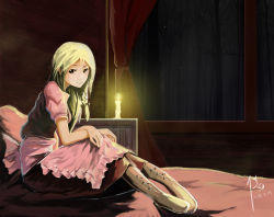 Rule 34 | 1girl, absurdres, alternate color, apron, arm rest, bare tree, blonde hair, boots, bow, braid, candle, cross-laced footwear, crossed arms, curtains, dated, diandianzai, faux traditional media, hair bow, highres, indoors, kirisame marisa, knees up, long hair, looking at viewer, no headwear, on bed, short sleeves, signature, single braid, sitting, skirt, skirt set, solo, touhou, tree, waist apron, window, yellow eyes