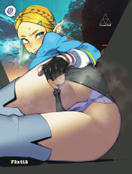 Rule 34 | 1girl, ass, blonde hair, blue tunic, blush, boots, braid, breasts, cameltoe, clothing aside, commentary request, crown braid, fantia logo, fingerless gloves, gloves, green eyes, hair ornament, hairclip, highres, looking back, medium breasts, namaniku atk, nintendo, panties, parted bangs, pointy ears, princess zelda, pulling own clothes, short shorts, shorts, shorts aside, sidelocks, solo, the legend of zelda, the legend of zelda: breath of the wild, the legend of zelda: tears of the kingdom, thigh boots, trefoil, triforce, tunic, underwear