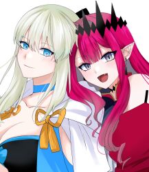 Rule 34 | 2girls, baobhan sith (fate), baobhan sith (first ascension) (fate), bare shoulders, blue choker, blue eyes, blush, breasts, choker, cleavage, closed mouth, detached sleeves, earrings, fang, fate/grand order, fate (series), grey eyes, highres, jewelry, kawairuka ko, large breasts, long hair, looking at viewer, morgan le fay (fate), mother and daughter, multiple girls, open mouth, pink hair, pointy ears, sidelocks, smile, upper body, white background