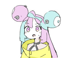 Rule 34 | 1girl, blue hair, blush, bow-shaped hair, character hair ornament, creatures (company), fusazakura, game freak, grey shirt, hair ornament, iono (pokemon), jacket, long hair, looking at viewer, multicolored hair, nintendo, no nose, open mouth, oversized clothes, pink eyes, pink hair, pokemon, pokemon sv, sharp teeth, shirt, simple background, sketch, sleeveless, sleeveless shirt, solo, sweatdrop, teeth, two-tone hair, upper teeth only, white background, yellow jacket