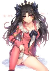 Rule 34 | 1girl, bad id, bad twitter id, black hair, earrings, fate/grand order, fate (series), fur trim, hood, hoodie, hoop earrings, ishtar (fate), ishtar (fate), jewelry, long hair, one-piece swimsuit, red eyes, shikino yuki, sitting, swimsuit, two side up, white one-piece swimsuit